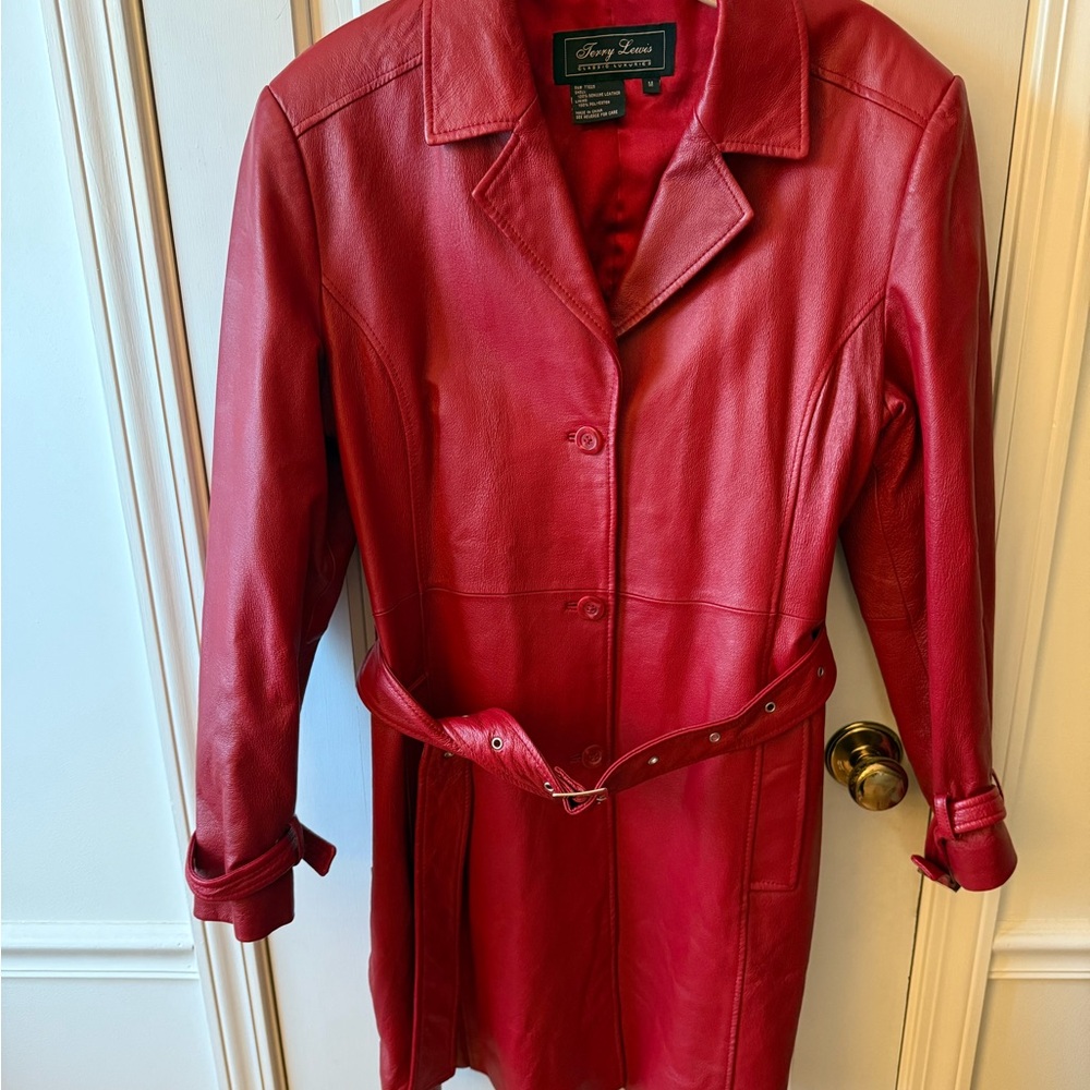Terry Lewis Women's Red Leather Midi Trench Coat